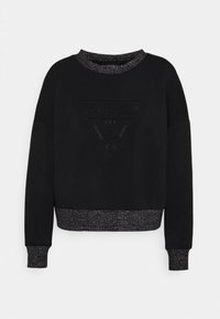 Czarna bluza z teksturowanym trójkątnym logo, dopasowanym błyszczącym dołem i mankietami, luźnym krojem, prążkowanym okrągłym dekoltem oraz długimi rękawami.