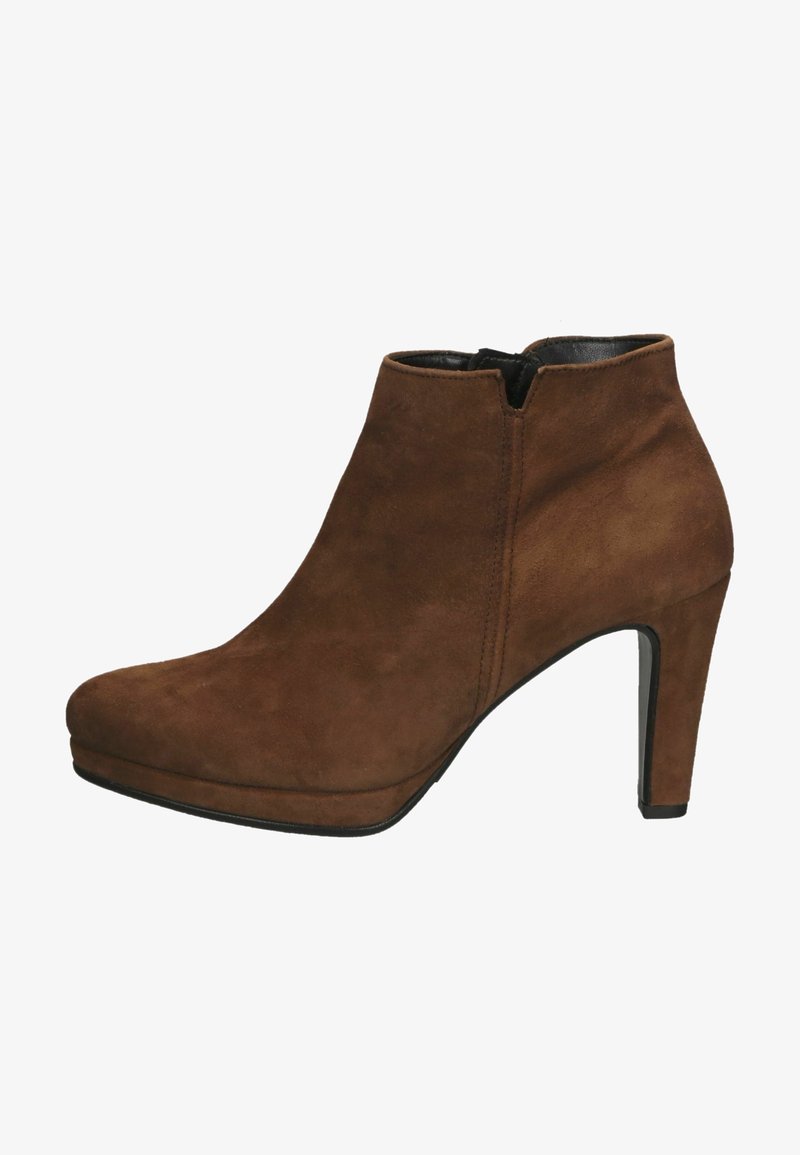 Botte chevilles en daim marron avec un talon haut, un bout rond et une fermeture éclair sur le côté.