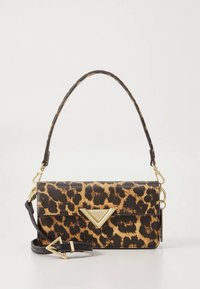 Leopard print handbag made of leather, featuring a gold-tone triangular accent, a detachable black strap, and a structured rectangular shape.