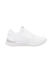 Baskets blanches en cuir lisse. Comprend un bout arrondi, des détails perforés et une semelle texturée avec un talon légèrement surélevé.