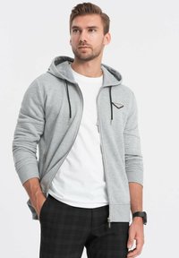 Graue Zip-Hoodie mit Kordelzug, Kängurutaschen und einem kleinen Logopatch. Getragen über einem weißen T-Shirt und kombiniert mit karierten Hosen.