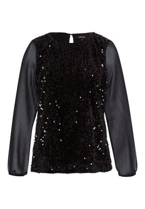 Schwarzes Langarmtop mit transparenten Ärmeln und vorne mit glänzenden schwarzen Pailletten bedeckt, rundem Ausschnitt und Schlüsselloch-Knopfverschluss hinten.