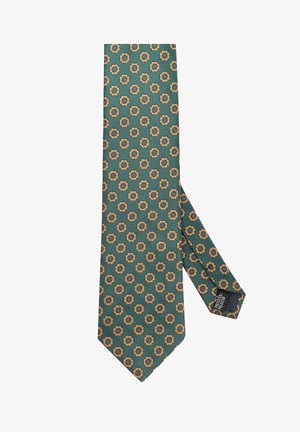 Zielony jedwabny krawat z powtarzającym się kwiatowym wzorem w kolorze złotym i niebieskim. Posiada gładką teksturę i klasyczny wąski fason.