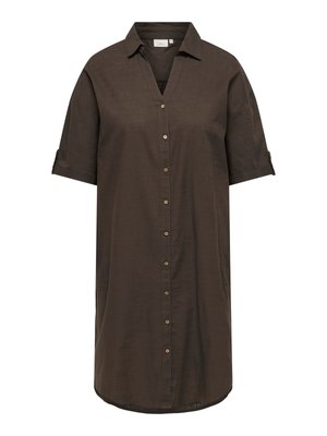 Dark brown, short-sleeve shirt dress with collar, button-down front, and rolled-up sleeves, knee-length with a relaxed fit.