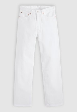 Hvide jeans med lige ben, fem-lomme design, knap- og lynlåslukning samt kobbernitdetaljer på lommerne.