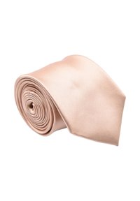 Cravatta in seta arrotolata a spirale, con una superficie liscia e lucida di un colore beige chiaro e una punta triangolare classica.