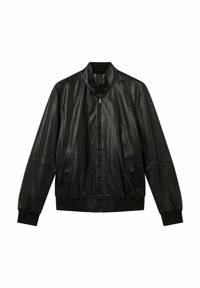 Giacca bomber in pelle nera con colletto alto, zip frontale, tasche laterali e polsini e orlo a coste. Texture liscia e vestibilità casual.