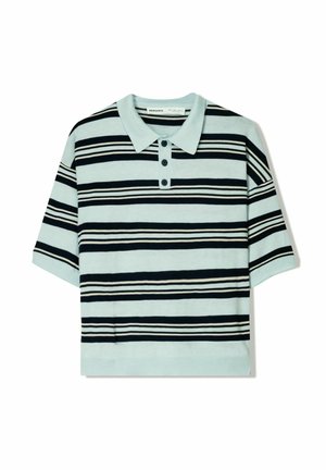 Striped polo shirt featuring a light blue base with navy and cream horizontal stripes, short sleeves, and three-button collar.