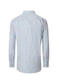 Long-sleeve shirt with a blue and white diamond pattern, featuring a collar and buttoned cuffs. Made from lightweight fabric.