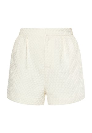 White textured shorts with a woven pattern, featuring a high waist and side pleats. Suitable for warm weather wear.