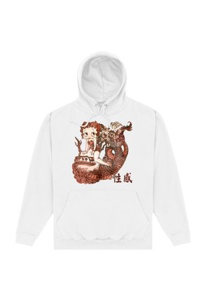 Biała bluza z kapturem z czerwoną i czarną grafiką przedstawiającą dziewczynę i smoka, z tekstem poniżej. Kaptur ze sznurkiem i kieszeń z przodu. Miękka tekstura materiału.