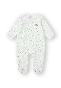 Body blanco para bebé con estampados de dientes de león azules, mangas largas, piernas cubiertas, botones a presión y "haz un DESEO" bordado en el pecho.