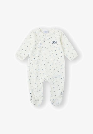 Body blanco para bebé con estampados de dientes de león azules, mangas largas, piernas cubiertas, botones a presión y "haz un DESEO" bordado en el pecho.