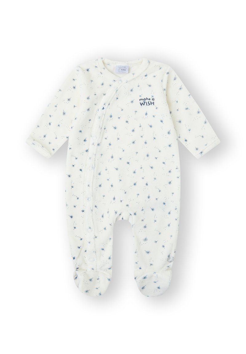 Body blanco para bebé con estampados de dientes de león azules, mangas largas, piernas cubiertas, botones a presión y "haz un DESEO" bordado en el pecho.