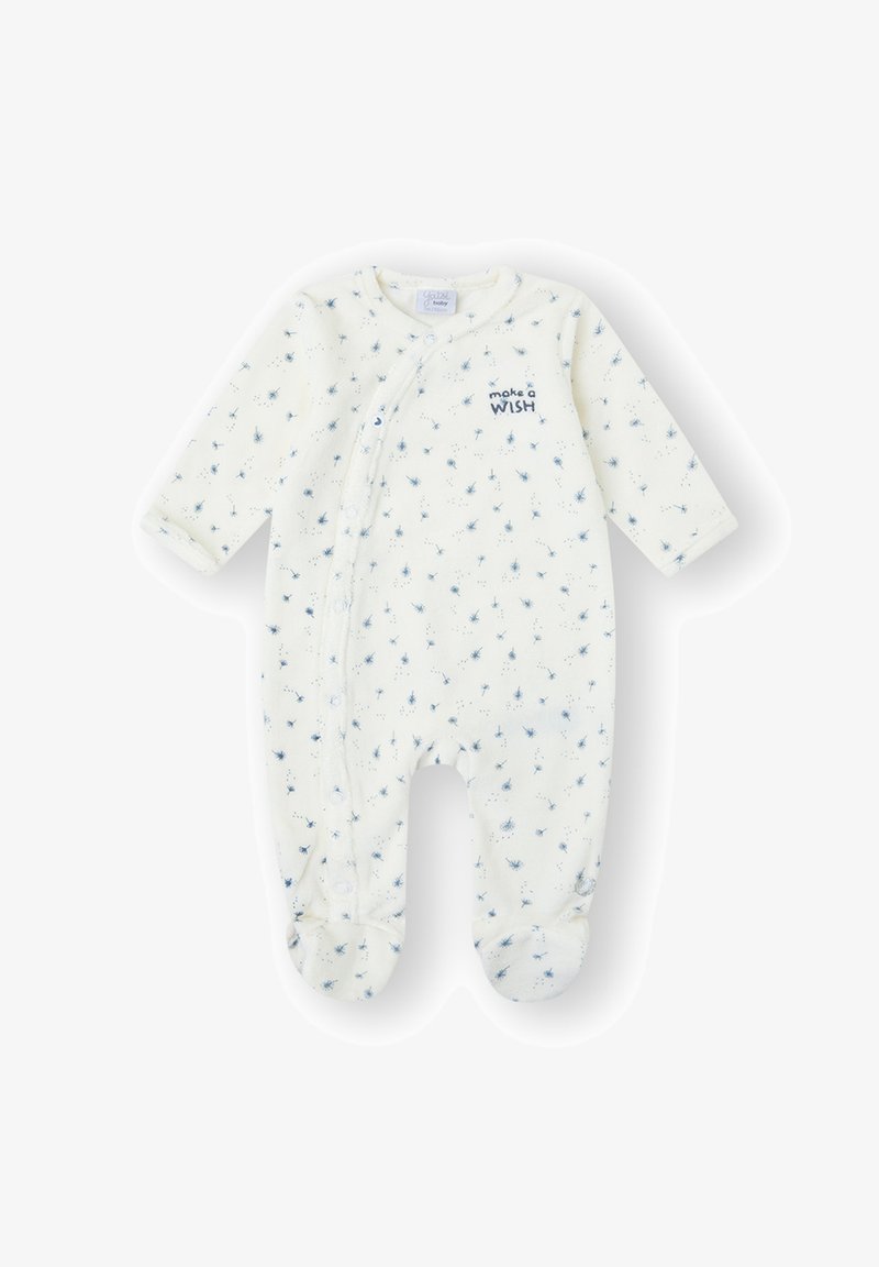 Body blanco para bebé con estampados de dientes de león azules, mangas largas, piernas cubiertas, botones a presión y "haz un DESEO" bordado en el pecho.