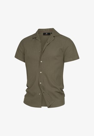 Short-sleeve button-up shirt in olive green, made of textured fabric, featuring a spread collar and front button closure.