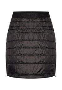 Schwarzer gepolsterter Rock mit gestepptem Design, elastischem Taillenbund und seitlichem Reißverschluss. Hergestellt aus leichtem, wasserabweisendem Material.