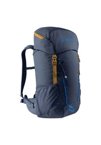 Vaude rugzak, donkerblauw met gele accenten, voorzien van een textuurstof, meerdere vakken, verstelbare schouderbanden en een bovenaanrits sluiting.