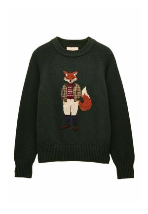Dark green knit sweater with a detailed embroidered fox wearing a plaid jacket, red sweater, white pants, and brown shoes.