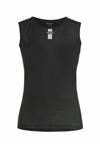 Czarny bezrękawnik sportowy z teksturowanej siateczki. Posiada okrągły dekolt i trzy pionowe białe paski z przodu.