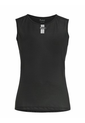 Zwarte mouwloze sporttop van een gestructureerde meshstof. Beschikt over een ronde halslijn en drie verticale witte strepen aan de voorkant.