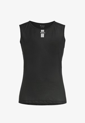 Zwarte mouwloze sporttop van een gestructureerde meshstof. Beschikt over een ronde halslijn en drie verticale witte strepen aan de voorkant.