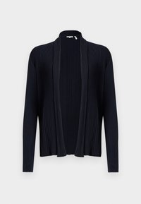 Dark navy cardigan with ribbed texture, open front, long sleeves, and a shawl collar. Features a smooth, stretchy fabric.