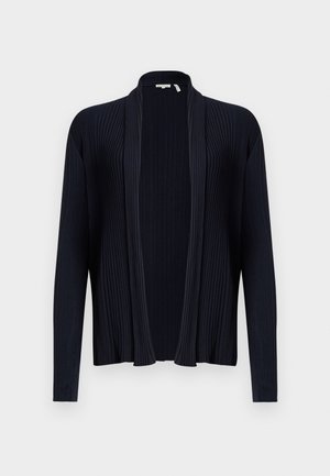 Mørk marineblå cardigan med ribbet tekstur, åpen front, lange ermer og sjalkrage. Har et glatt, elastisk stoff.