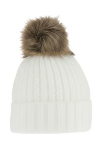 White knitted beanie hat with vertical ribbing pattern and a faux fur pom-pom on top in light brown and dark brown shades.
