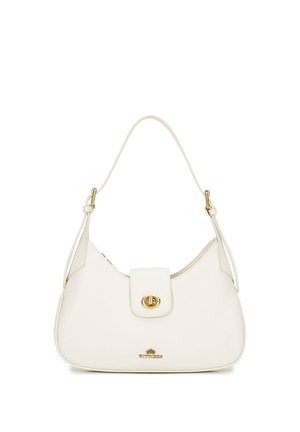 Witte leren handtas met een gebogen bovenhengsel, een gouden draaivergrendeling en een klein goudkleurig merklogo aan de voorkant onderaan in het midden.