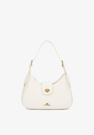 Sac à main en cuir blanc avec une poignée supérieure incurvée, une fermeture à clé tournante dorée et un petit logo de marque doré au centre en bas à l'avant.