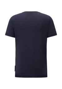 Tmavě modré tričko s krátkým rukávem vyrobené z měkké látky. Kulatý výstřih a rovný střih s minimalistickým designem bez viditelných vzorů nebo detailů.