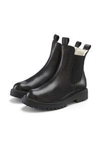 Schwarze Leder-Chelsea-Boots mit elastischen Seitenpaneelen, Zugschlaufen und robusten Gummisohlen mit strukturiertem Finish.