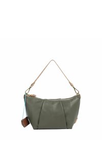 Borsa in pelle verde con design arricciato, texture liscia, tracolla staccabile di colore marrone chiaro e chiusura con zip con un accento marrone.