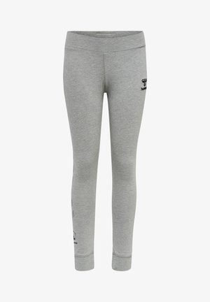 Leggings in cotone grigio con un design aderente, vita elasticizzata e logo stampato. Presentano una texture liscia e polsini alla caviglia a punta.
