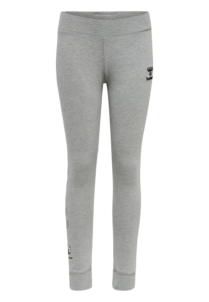 Leggings en coton gris au design ajusté, avec une taille élastique et un logo imprimé. Ils présentent une texture lisse et des poignets de cheville fuselés.
