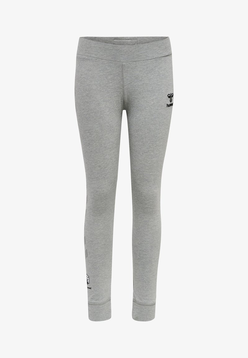 Leggings en coton gris au design ajusté, avec une taille élastique et un logo imprimé. Ils présentent une texture lisse et des poignets de cheville fuselés.
