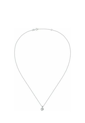 Halskette aus Silber mit einem runden, klaren Kristallanhänger. Die Kette ist zart und hat einen Karabinerverschluss, der ein minimalistisches Design bietet.