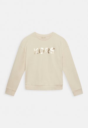 Beige langærmet sweatshirt med metallisk guld "KORS" tekst på forsiden, rund hals og ribstrikkede manchetter og kant.