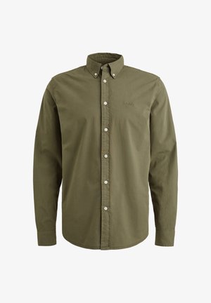 Olivovo zelená košeľa s dlhým rukávom vyrobená z bavlny, so zapínaním na gombíky, gombíkmi vpredu a jemne vyšitým logom na hrudi.
