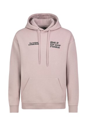 Helle rosa Kapuzenjacke aus weichem Stoff. Verfügt über eine vordere Kängurutasche, eine Kordelzugkapuze und schwarze Textgrafiken. Rippstrickbündchen und -saum.