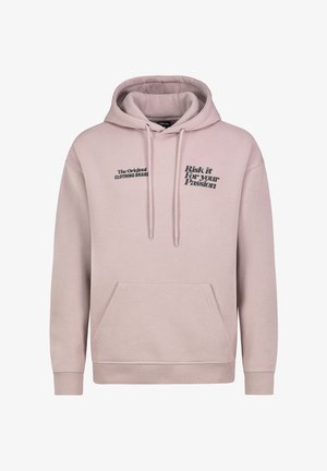 Light pink hoodie made of soft fabric. Features a front kangaroo pocket, drawstring hood, and black text graphics. Ribbed cuffs and hem.