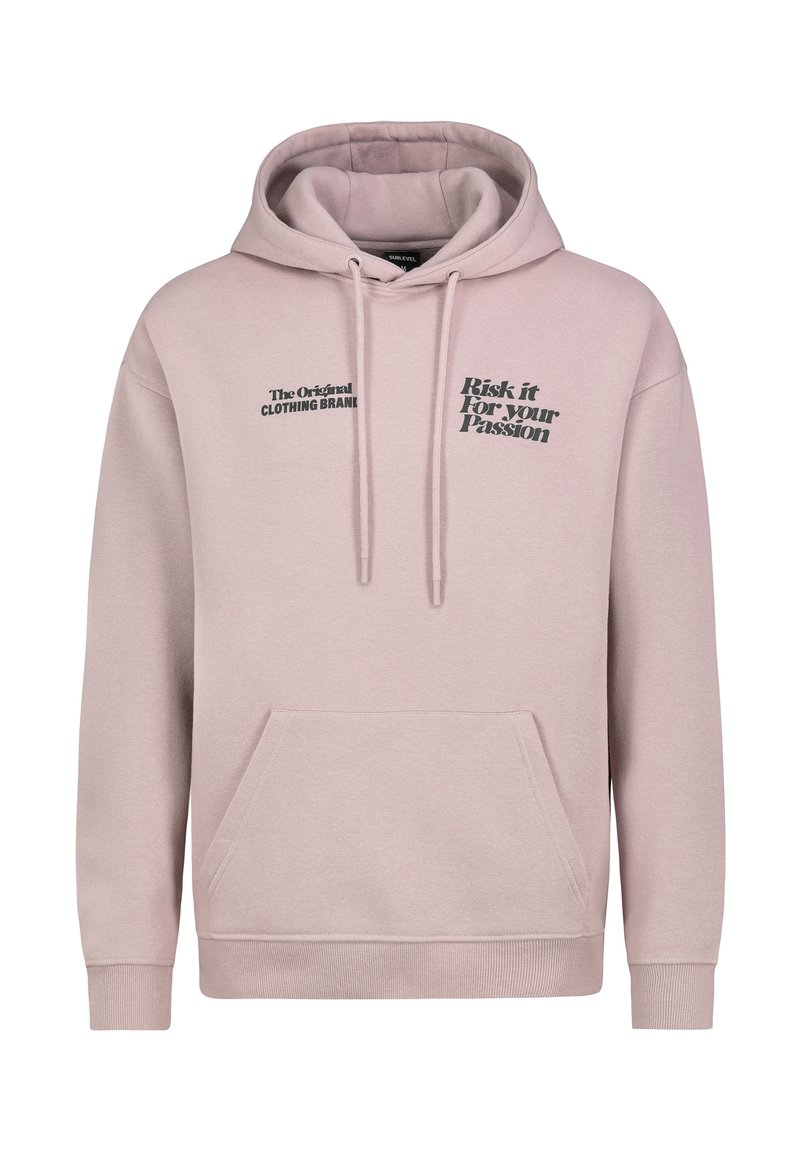 Helle rosa Kapuzenjacke aus weichem Stoff. Verfügt über eine vordere Kängurutasche, eine Kordelzugkapuze und schwarze Textgrafiken. Rippstrickbündchen und -saum.