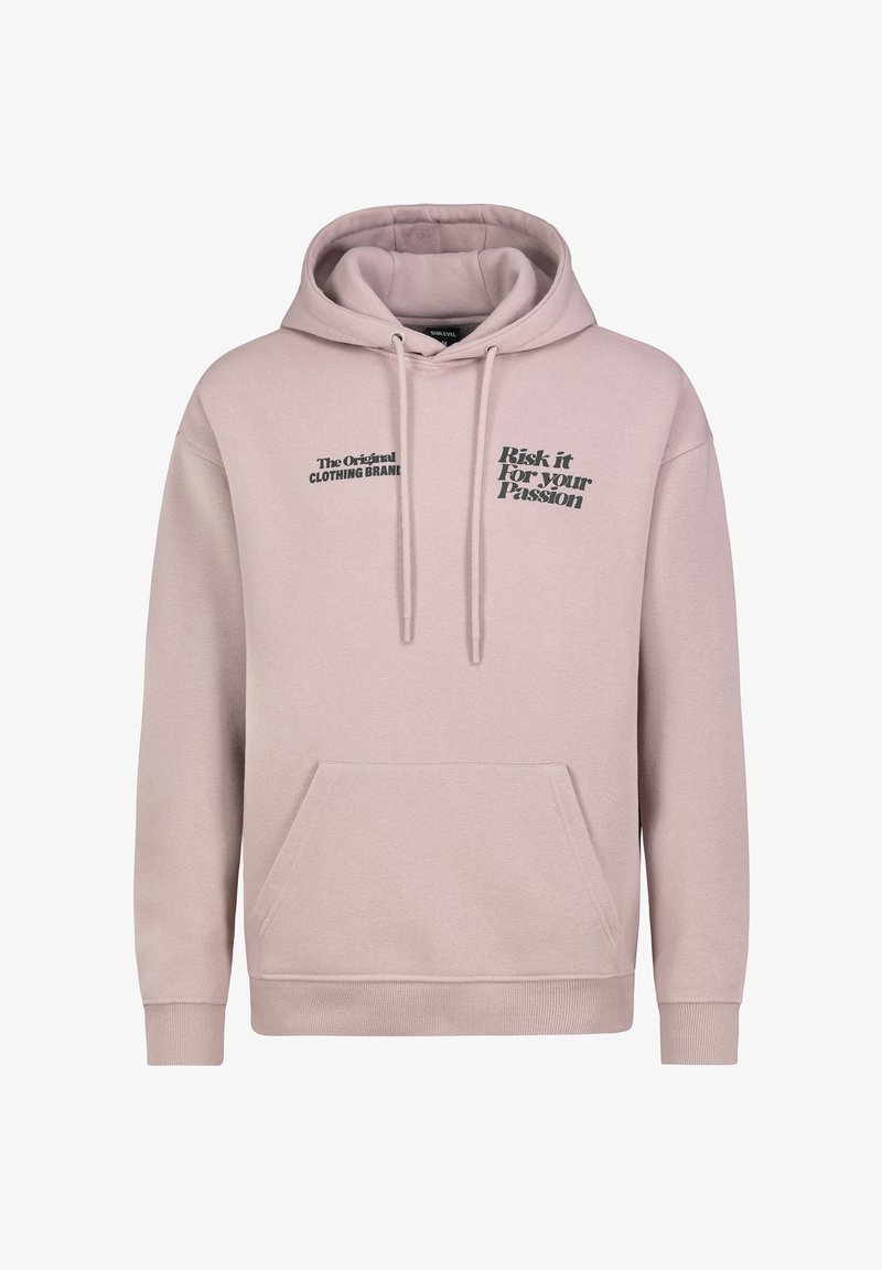 Light pink hoodie made of soft fabric. Features a front kangaroo pocket, drawstring hood, and black text graphics. Ribbed cuffs and hem.