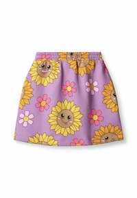 Gonna di cotone viola con un motivo di girasoli e fiori giocoso, con facce di sole sorridenti e una comoda vita elastica.