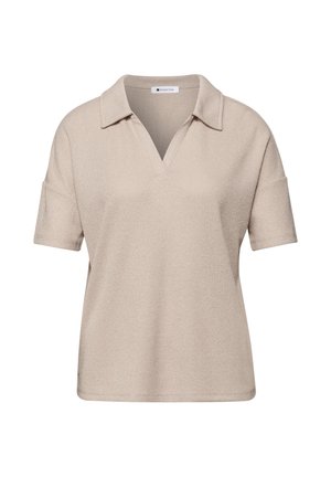 Beige kortærmet strikket polo med krave og V-udskæring, lavet af tekstureret stof.