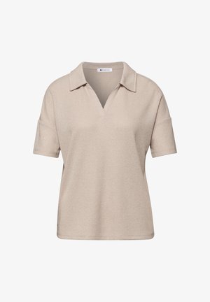 Béžové pletené polo tričko s krátkými rukávy, límečkem a výstřihem do V, vyrobené z texturované látky.