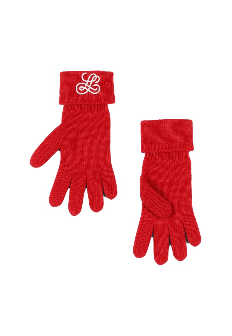 Guantes de lana rojos con un puño acanalado, con un logo blanco bordado. El diseño tiene secciones de dedos separadas para mayor destreza.