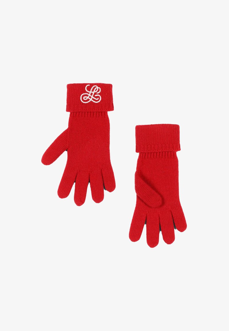 Guantes de lana rojos con un puño acanalado, con un logo blanco bordado. El diseño tiene secciones de dedos separadas para mayor destreza.