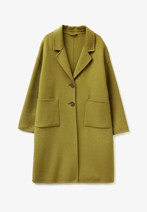 Olive green wool blend coat with a collar, two front pockets, and a buttoned closure. Features a loose, oversized design and textured fabric.